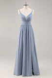 Dusty Blue Chiffon Ruched vestido longo da dama de honra com fenda