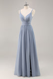 Dusty Blue Chiffon Ruched vestido longo da dama de honra com fenda