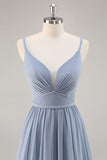 Dusty Blue Chiffon Ruched vestido longo da dama de honra com fenda