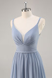 Dusty Blue Chiffon Ruched vestido longo da dama de honra com fenda