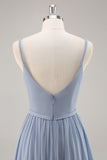 Dusty Blue Chiffon Ruched vestido longo da dama de honra com fenda