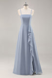 Dusty Blue Chiffon Uma linha longo vestido de dama de honra com babados