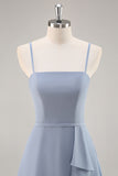 Dusty Blue Chiffon Uma linha longo vestido de dama de honra com babados