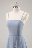 Dusty Blue Chiffon Uma linha longo vestido de dama de honra com babados