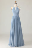 Dusty Blue Halter Chiffon Ruched Long Vestido de Madrinha com Keyholes