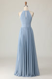 Dusty Blue Halter Chiffon Ruched Long Vestido de Madrinha com Keyholes