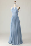 Dusty Blue Halter Chiffon Ruched Long Vestido de Madrinha com Keyholes