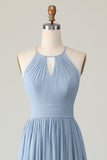 Dusty Blue Halter Chiffon Ruched Long Vestido de Madrinha com Keyholes