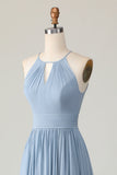 Dusty Blue Halter Chiffon Ruched Long Vestido de Madrinha com Keyholes