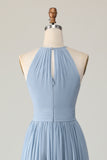 Dusty Blue Halter Chiffon Ruched Long Vestido de Madrinha com Keyholes