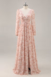 Rosa Floral V-Neck mangas longas Chiffon vestido de dama de honra com fenda