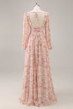Rosa Floral V-Neck mangas longas Chiffon vestido de dama de honra com fenda