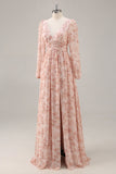 Rosa Floral V-Neck mangas longas Chiffon vestido de dama de honra com fenda
