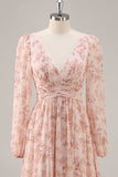 Rosa Floral V-Neck mangas longas Chiffon vestido de dama de honra com fenda
