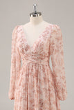 Rosa Floral V-Neck mangas longas Chiffon vestido de dama de honra com fenda