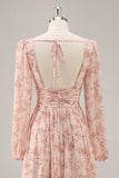 Rosa Floral V-Neck mangas longas Chiffon vestido de dama de honra com fenda
