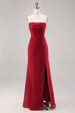 Vermelho escuro Ruched Chiffon espaguete alças longo vestido de dama de honra com fenda