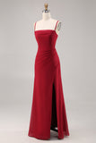 Vermelho escuro Ruched Chiffon espaguete alças longo vestido de dama de honra com fenda