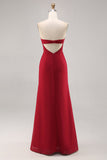 Vermelho escuro Ruched Chiffon espaguete alças longo vestido de dama de honra com fenda