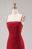 Vermelho escuro Ruched Chiffon espaguete alças longo vestido de dama de honra com fenda