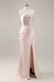 Candy Rosa Cetim Sereia Ruched Long Vestido de Dama de Honra com Fenda