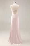 Candy Rosa Cetim Sereia Ruched Long Vestido de Dama de Honra com Fenda