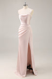 Candy Rosa Cetim Sereia Ruched Long Vestido de Dama de Honra com Fenda