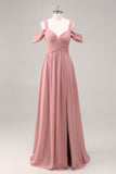 Dusty Rose Cold Shoulder Chiffon Ruched vestido longo da dama de honra com fenda