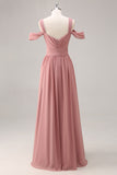 Dusty Rose Cold Shoulder Chiffon Ruched vestido longo da dama de honra com fenda