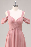 Dusty Rose Cold Shoulder Chiffon Ruched vestido longo da dama de honra com fenda