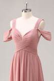 Dusty Rose Cold Shoulder Chiffon Ruched vestido longo da dama de honra com fenda
