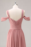 Dusty Rose Cold Shoulder Chiffon Ruched vestido longo da dama de honra com fenda