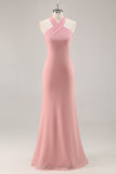 Blush Halter Sereia Chiffon Vestido Longo Madrinha com Arco