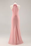 Blush Halter Sereia Chiffon Vestido Longo Madrinha com Arco