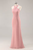 Blush Halter Sereia Chiffon Vestido Longo Madrinha com Arco