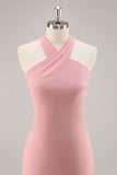 Blush Halter Sereia Chiffon Vestido Longo Madrinha com Arco