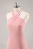 Blush Halter Sereia Chiffon Vestido Longo Madrinha com Arco