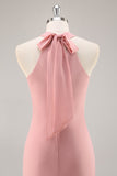 Blush Halter Sereia Chiffon Vestido Longo Madrinha com Arco