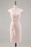 Candy Rosa V Pescoço Bodycon Midi Mãe de Noiva Vestido com Folho