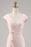 Candy Rosa V Pescoço Bodycon Midi Mãe de Noiva Vestido com Folho