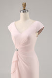 Candy Rosa V Pescoço Bodycon Midi Mãe de Noiva Vestido com Folho