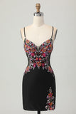 Preto Bodycon Flores Decote em V Mini Vestido Cocktail