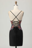 Preto Bodycon Flores Decote em V Mini Vestido Cocktail