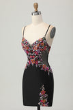 Preto Bodycon Flores Decote em V Mini Vestido Cocktail