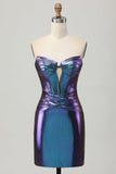 Metalizado Azul Roxo Strapless Cut out Corset Tight Homecoming Dress