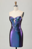 Metalizado Azul Roxo Strapless Cut out Corset Tight Homecoming Dress