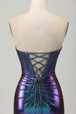 Metalizado Azul Roxo Strapless Cut out Corset Tight Homecoming Dress