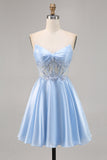Azul Claro Decote Em Coração Linha-A Mini Vestido Cocktail