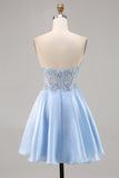 Azul Claro Decote Em Coração Linha-A Mini Vestido Cocktail