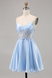 Azul Claro Decote Em Coração Linha-A Mini Vestido Cocktail